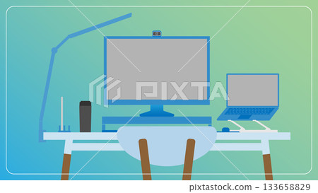 工作室，桌上放著電腦，房間裡燈亮著，男人的桌子 133658829