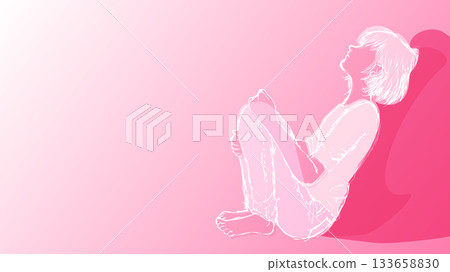A woman sitting pensively, a girl gazing at the sky, pink 133658830