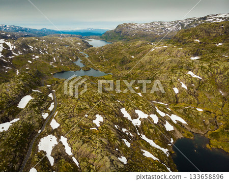 Aerial view. Road and lakes in mountains Norway 133658896
