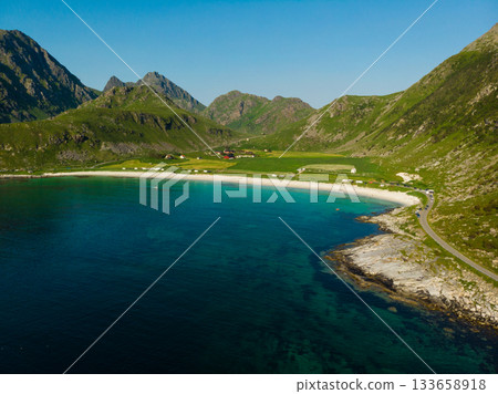 Seascape with sandy beach Lofoten Norway Seascape with sandy beach Lofoten Norway 133658918