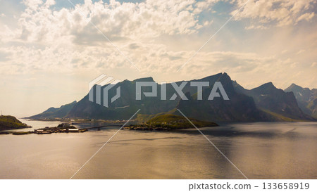 Fjord and mountains landscape. Lofoten islands Norway Fjord and mountains landscape. Lofoten islands Norway 133658919