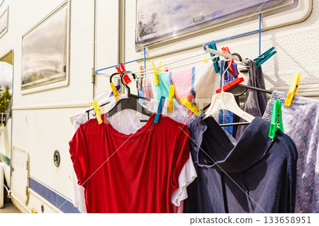 Clothes hanging to dry outdoor at caravan Clothes hanging to dry outdoor at caravan 133658951