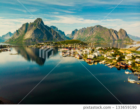 Fjord and mountains landscape. Lofoten islands Norway Fjord and mountains landscape. Lofoten islands Norway 133659190