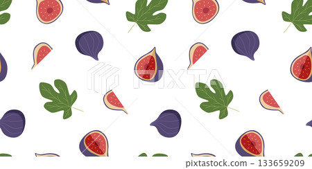 Seamless pattern cartoon fig set. Background of tropical fig fruit whole half and slice. Vector illustration wallpaper 133659209