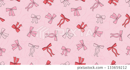 Bows and ribbons are a seamless pattern. Vector illustration of hair ornaments, gift wrappers, festive background. 133659212