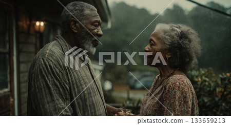 Elderly couple holding hands in a warm embrace during a rainy evening 133659213