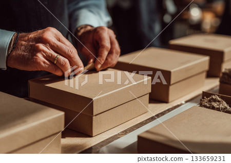 Hands working in a sustainable packaging workshop using eco-friendly methods 133659231