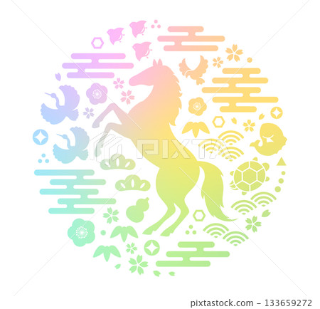 馬年新年賀卡素材，包含幸運符和彩虹色圖案 133659272