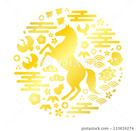 馬年新年賀卡素材和幸運符,金色 馬年新年賀卡素材和幸運符,金色 133659274