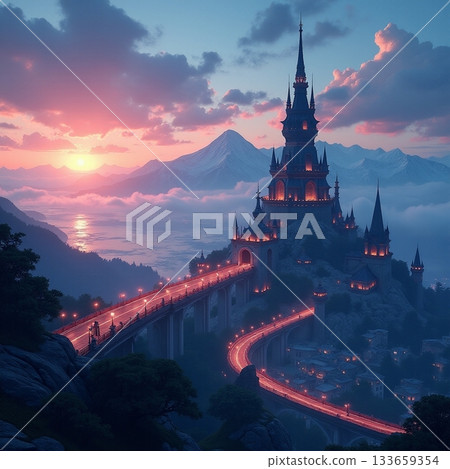 Majestic castle at sunset with glowing path in the mountains Generative AI 133659354