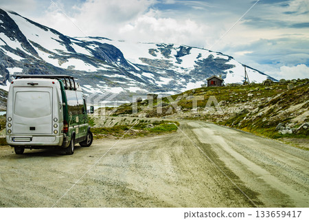 Camper car in norwegian mountains 133659417