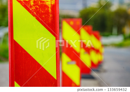 Yellow red road warning signs 133659432