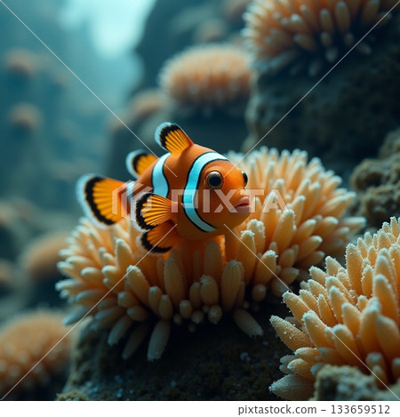 Clownfish swimming gracefully among vibrant sea anemones Generative AI 133659512