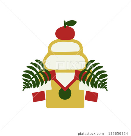 新年裝飾：鏡餅。復古色彩的雙層年糕插圖，三面分別飾有浦白、大王、禦兵衛和四穗子。 133659524