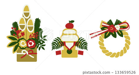 New Year's decorations: Kadomatsu, Kagami mochi, and Shimekazari - retro color illustration set 133659526