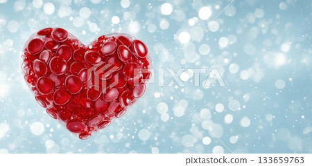 Heart shaped arrangement of red cells creates a striking visual against a soft blue background with shimmering lights 133659763
