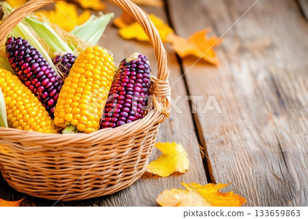 Colorful corn harvest displayed in a woven basket on a rustic wooden table surrounded by autumn leaves 133659863