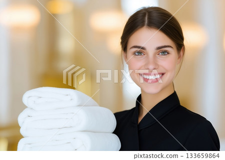 Smiling hotel maid in professional uniform presents fresh towels in a luxurious hotel suite, creating a welcoming atmosphere for guests 133659864