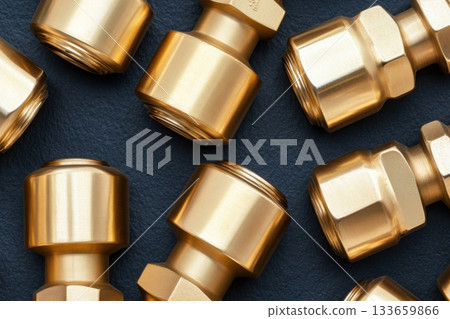 Collection of brass pipe fittings arranged symmetrically on a dark surface showcasing various sizes and designs ideal for plumbing projects Collection of brass pipe fittings arranged symmetrically on a dark surface showcasing various sizes and designs ideal for plumbing projects 133659866