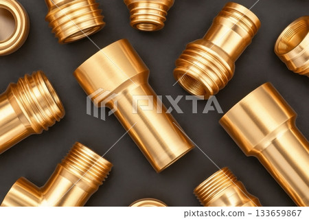 Various brass plumbing fittings arranged on a dark background showcasing intricate designs and details of each piece 133659867