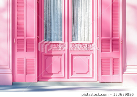 Bright pink door with elegant detailing and soft white curtains in a charming building during daylight 133659886