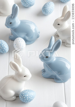 Colorful ceramic bunnies and decorative eggs create a festive atmosphere for spring celebrations and Easter festivities 133659896
