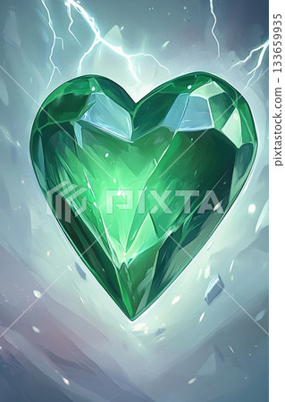 Heart-shaped emerald crystal glowing with energy against an ethereal backdrop of swirling light and electricity Heart-shaped emerald crystal glowing with energy against an ethereal backdrop of swirling light and electricity 133659935