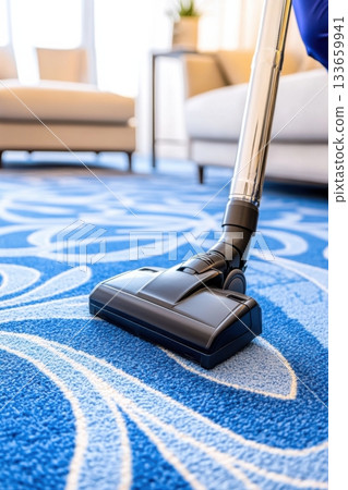 Vacuuming a vibrant blue carpet in a modern living room filled with natural light during the afternoon Vacuuming a vibrant blue carpet in a modern living room filled with natural light during the afternoon 133659941