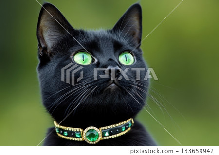 Majestic black cat with striking green eyes and elegant collar gazes into the distance against a blurred natural background 133659942