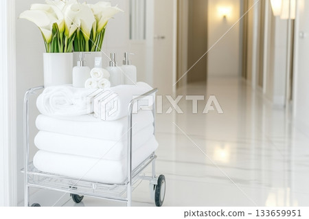 Freshly arranged towels and elegant decor create a serene atmosphere in a stylish hallway at a luxury spa retreat Freshly arranged towels and elegant decor create a serene atmosphere in a stylish hallway at a luxury spa retreat 133659951