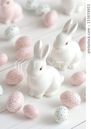 Decorative white rabbits surrounded by pastel-colored speckled eggs on a light wooden surface during a spring celebration Decorative white rabbits surrounded by pastel-colored speckled eggs on a light wooden surface during a spring celebration 133659953