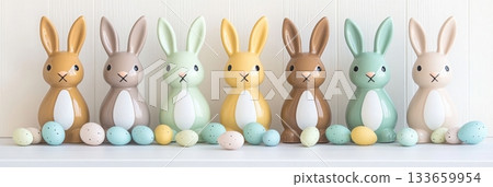 Colorful ceramic bunnies lined up with pastel eggs in a spring-themed display on a white shelf Colorful ceramic bunnies lined up with pastel eggs in a spring-themed display on a white shelf 133659954