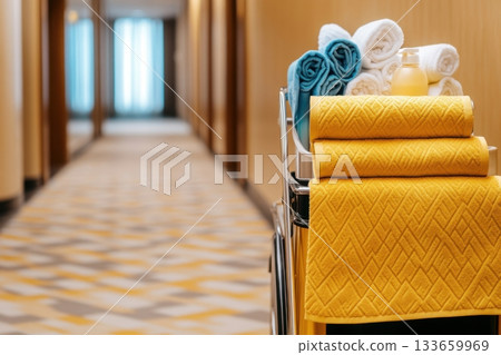 Freshly arranged towels and toiletries in a hotel hallway showcasing cleanliness and organization during the day Freshly arranged towels and toiletries in a hotel hallway showcasing cleanliness and organization during the day 133659969