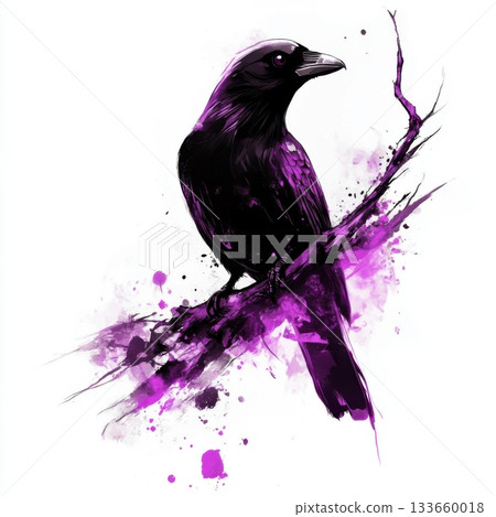 Dark crow on branch with purple decorative splashes and floral elements 133660018