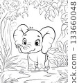 Cute baby elephant line drawing in jungle, outline illustration 133660048