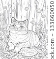 Cat coloring page with detailed line art and floral background 133660050