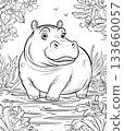 Kid friendly hippo line art in a floral nature landscape for coloring 133660057