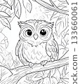 Owl Line Art Coloring Page with Forest Leaves Outline 133660061