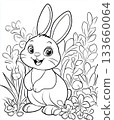 Happy bunny line drawing for coloring book with flowers 133660064