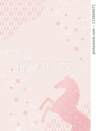 New Year's card background illustration of the Year of the Horse, cherry blossoms, and Japanese patterns 133660071