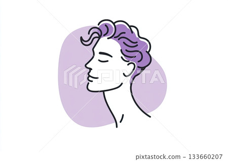 Stylish purple line art avatar featuring a modern minimalistic profile with clean outlines, showcasing a serene expression against a soft purple background with copy space 133660207