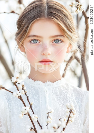 Young girl in a white dress holds willow branches in a blooming flower field representing purity and renewal during spring 133660254