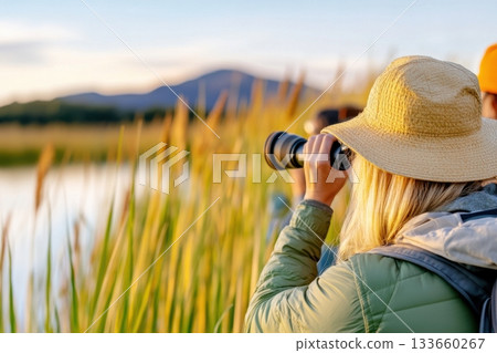 Birdwatchers observe migratory birds at a tranquil lake during golden hour with binoculars in hand 133660267