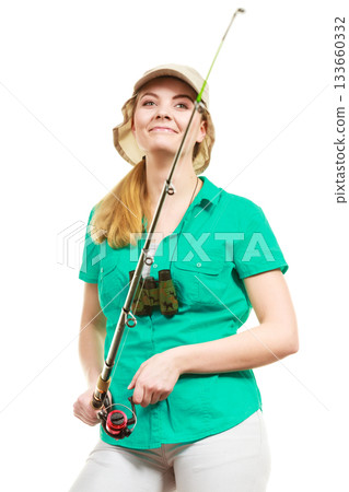 Woman with fishing rod, spinning equipment 133660332