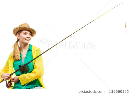 Woman with fishing rod , spinning equipment Woman with fishing rod , spinning equipment 133660335