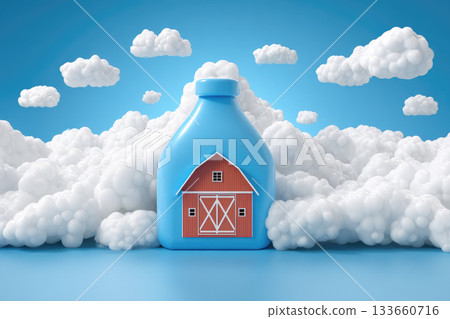 Minimalist surreal illustration features floating blue milk bottle with red barn design, surrounded by fluffy white clouds against vibrant blue sky, evoking whimsical and dreamy mood Minimalist surreal illustration features floating blue milk bottle with red barn design, surrounded by fluffy white clouds against vibrant blue sky, evoking whimsical and dreamy mood 133660716