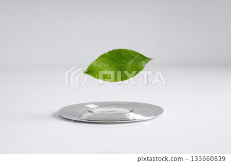 Small green leaf floats above metallic disc on white background, symbolizing nature and technology fusion with minimalist and clean aesthetic 133660839