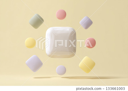 Minimal modern surreal composition of blank white food pack surrounded by pastel geometric shapes, soft colors, abstract background, playful and creative mood, isolated on beige 133661003