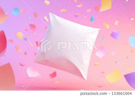 Minimal modern surreal composition of blank white food pack floating among colorful confetti on pink gradient background, playful and vibrant atmosphere 133661004