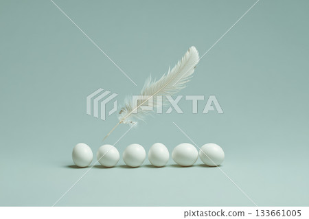 Minimal modern surreal composition of single white feather delicately balanced above six white eggs on light blue background, evoking calm and simplicity 133661005